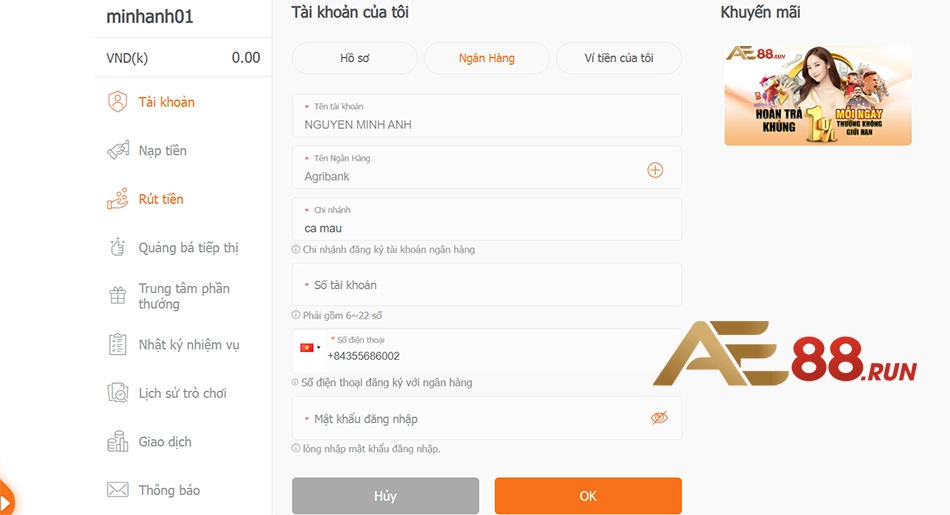 cách Nhập thông tin rút tiền ae88